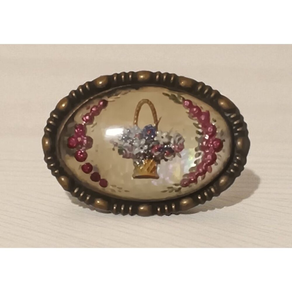 Brooch Eduardian Early 20th Century Oval Dome Glass Brass Frame Flower Basket